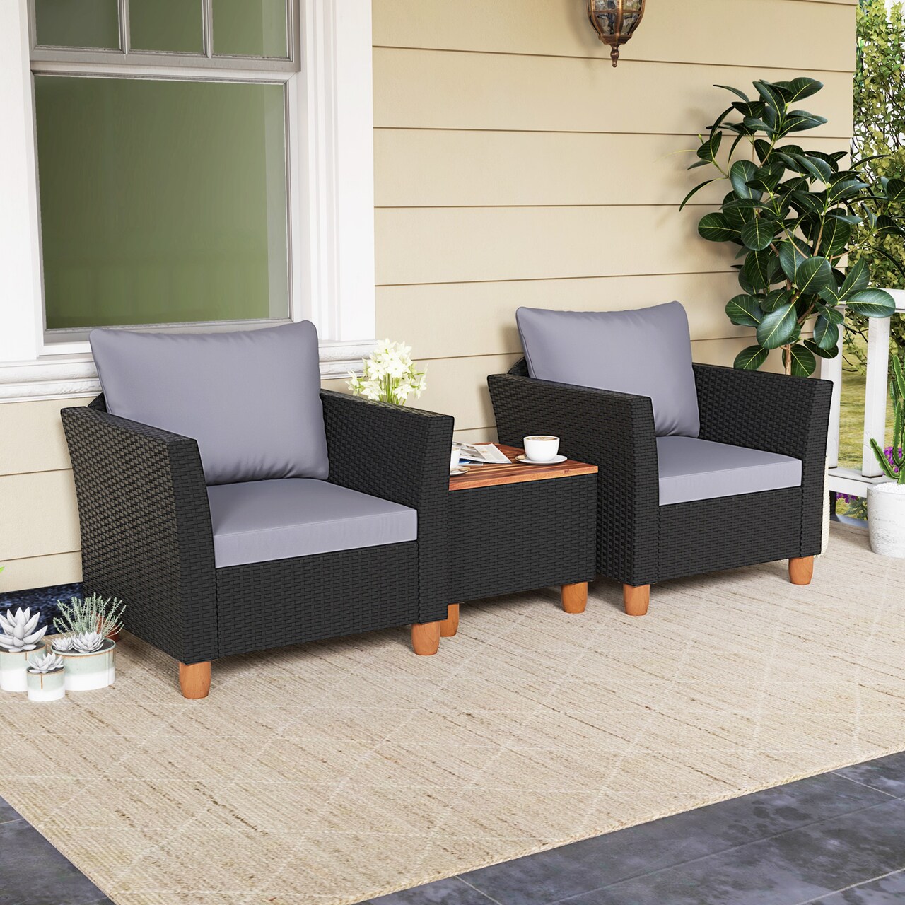 3-Piece Furniture Set with Rattan Single Sofa Acacia Wood Coffee Table Including Cushions for Outdoor and Indoor Use